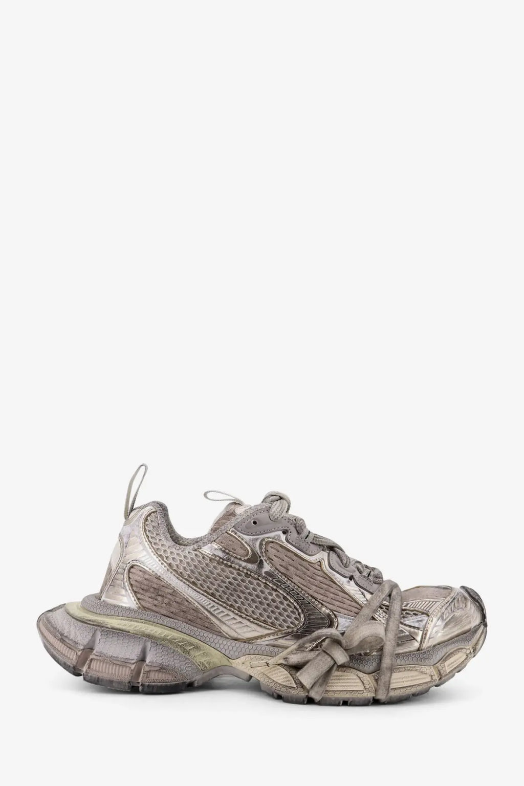 Balenciaga women’s low top white mesh sneakers with distressed silver metallic chunky sole and woven laces