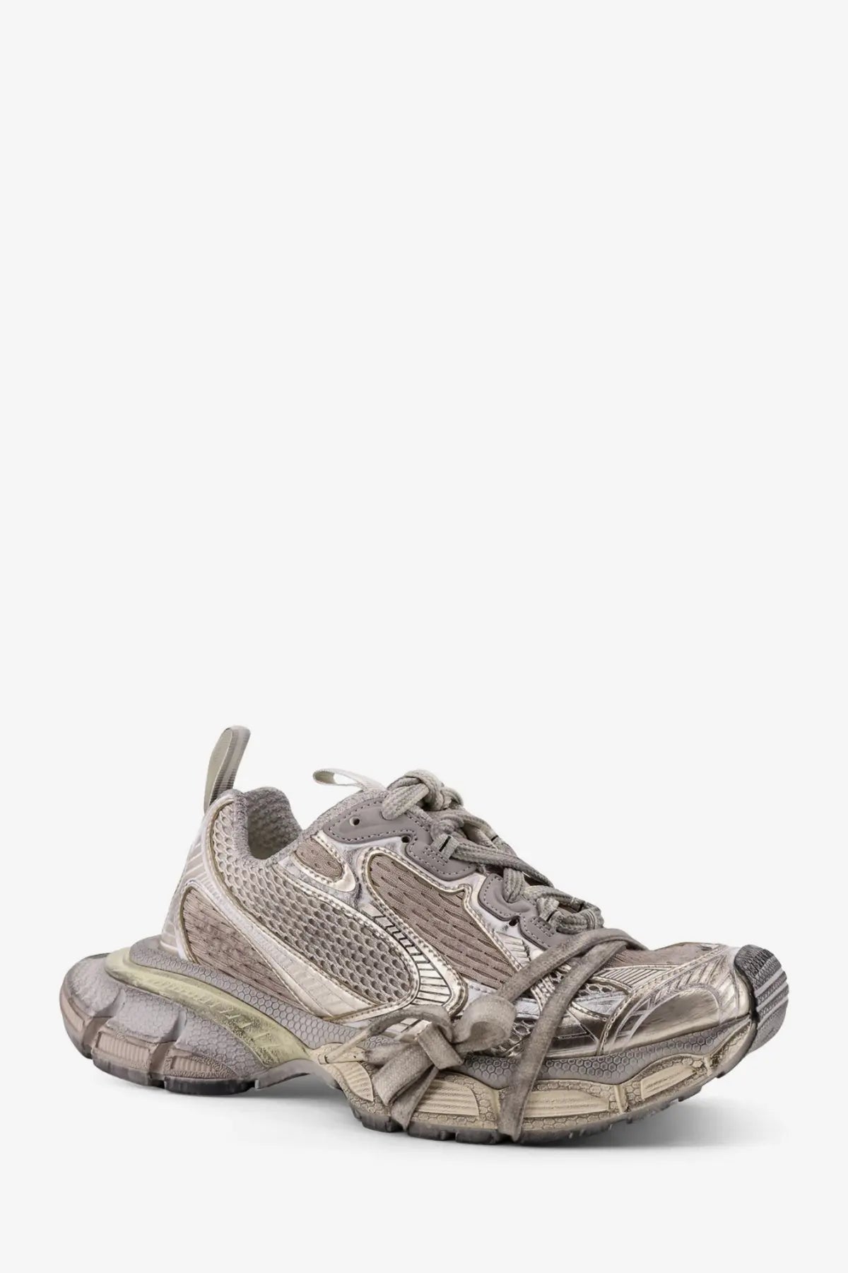 Balenciaga women’s low top mesh sneakers in metallic silver and beige with chunky sole and tied laces
