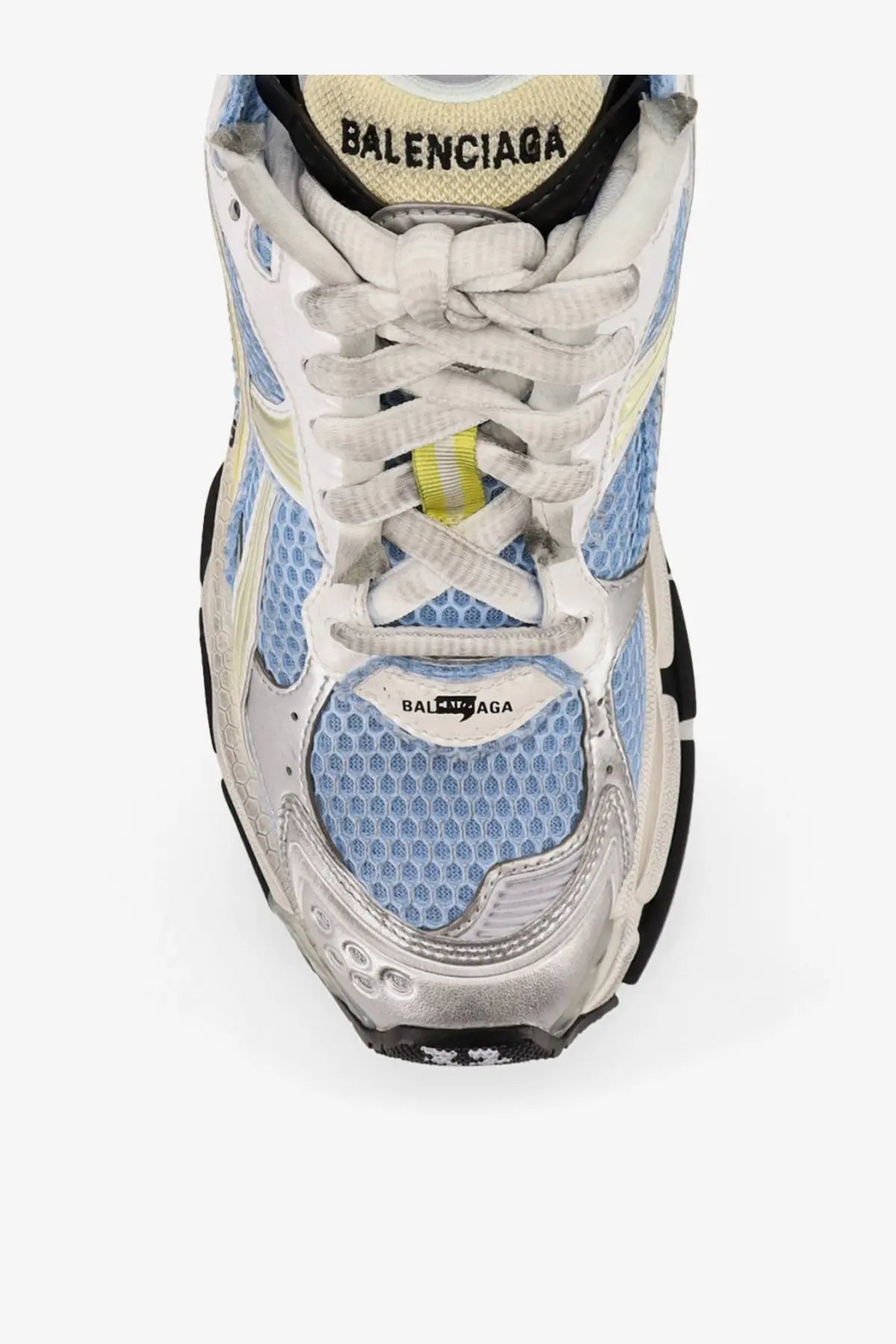 Balenciaga women’s low top runner mesh sneakers with light blue upper silver metallic accents and white laces with yellow stripe