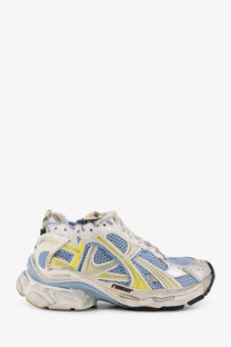 Balenciaga women’s low top runner mesh sneaker in white blue and yellow with chunky sole and mesh detailing