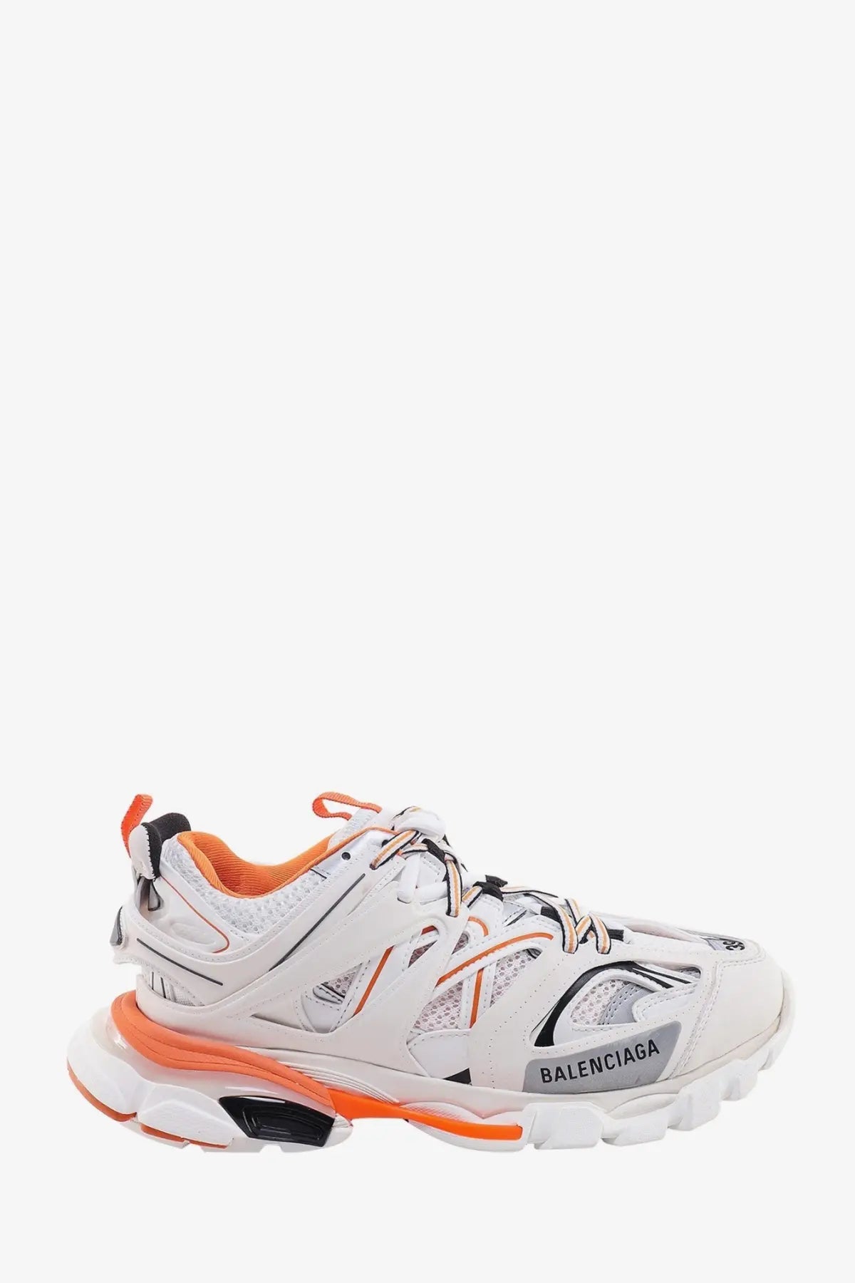 Balenciaga women’s white and orange mesh and nylon track sneakers with chunky sole and black accents