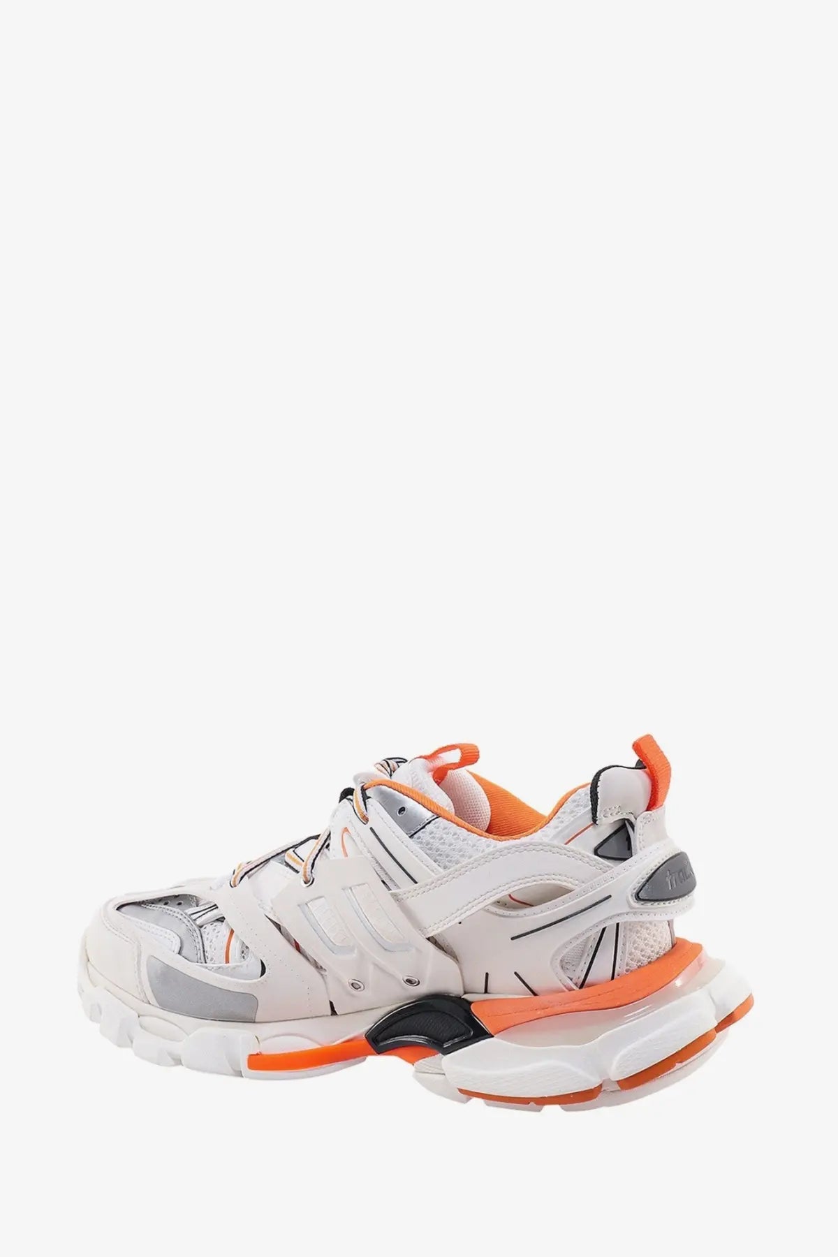 White and orange balenciaga triple s sneaker with chunky sole mesh and synthetic overlays for women