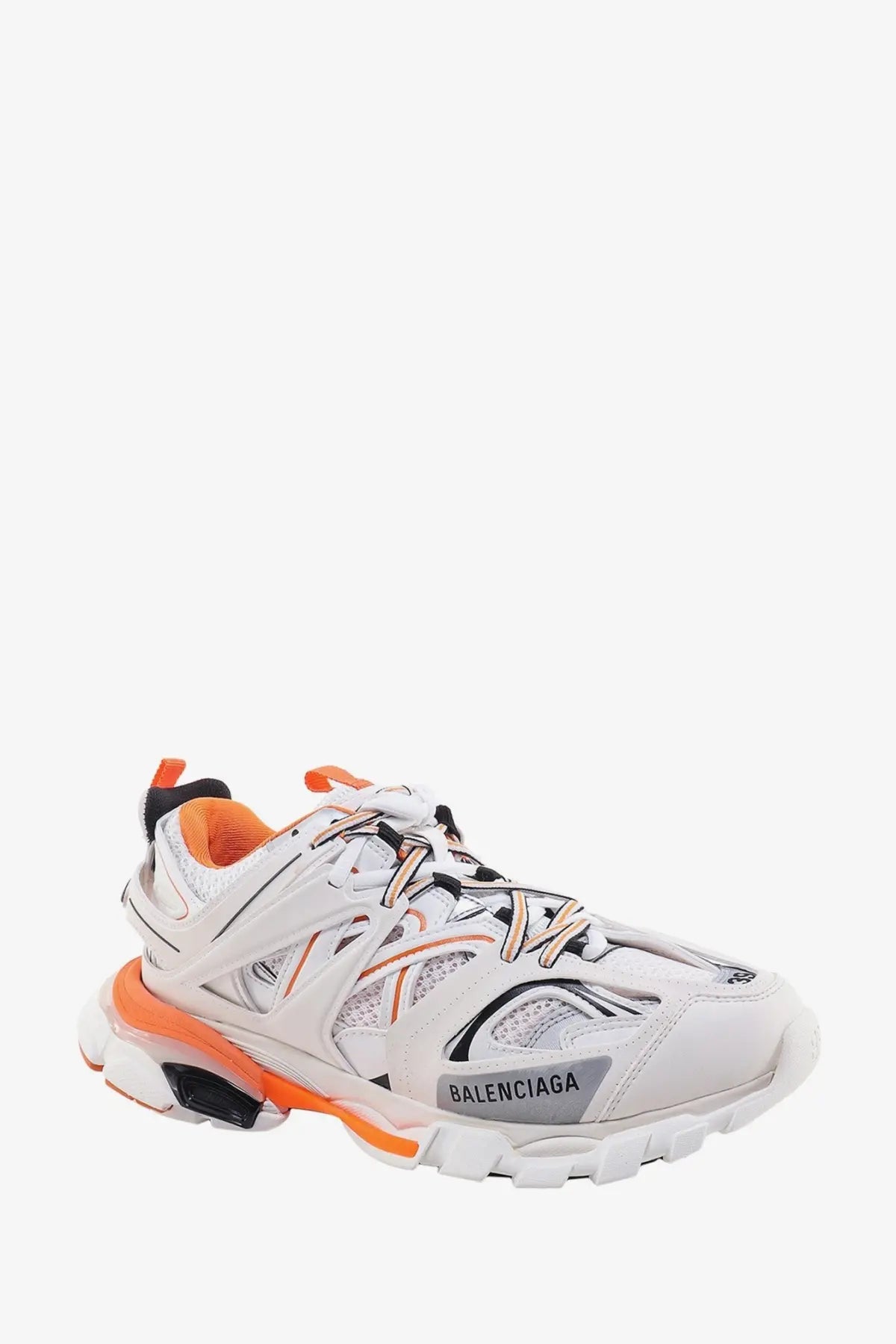 Balenciaga women’s mesh and nylon track sneaker in white with orange and black accents for casual wear