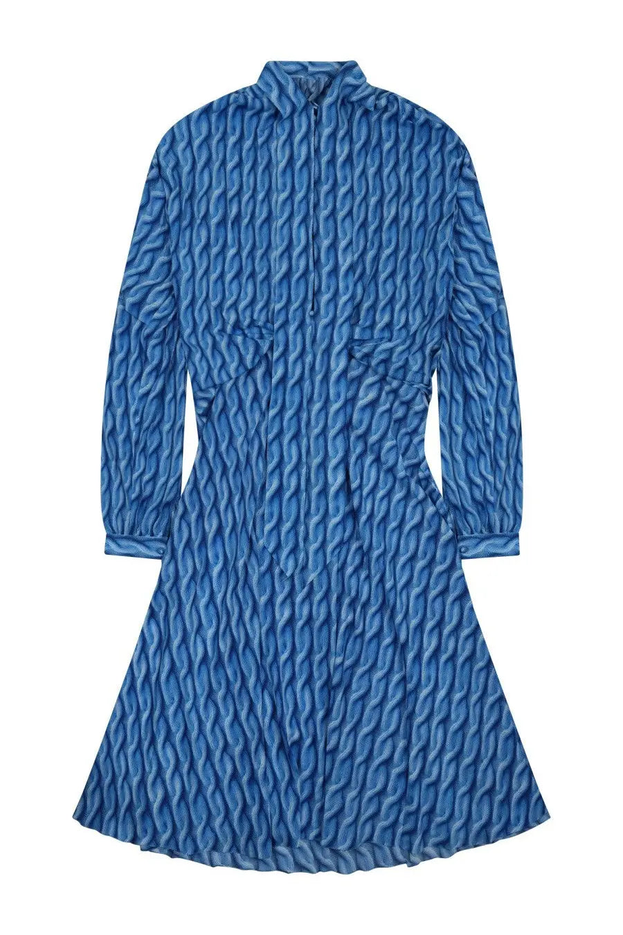 Balenciaga women’s midi blue dress with textured wavy pattern and long sleeves in lightweight fabric