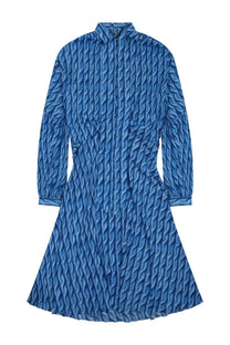 Balenciaga women’s midi blue dress with textured wavy pattern and long sleeves in lightweight fabric