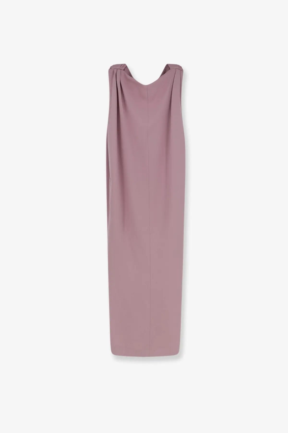 Balenciaga women’s midi sack dress in grey silk and wool with a sleek sleeveless mauve draped neckline design