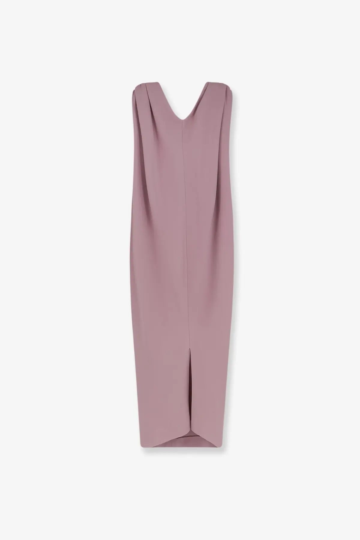 A sleek sleeveless mauve midi dress with v-neckline and front slit made of silk and wool by Balenciaga