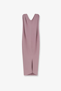 A sleek sleeveless mauve midi dress with v-neckline and front slit made of silk and wool by Balenciaga