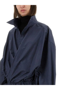 Balenciaga women’s mini shirt style dress in dark navy blue oversized jacket with high collar and relaxed fit