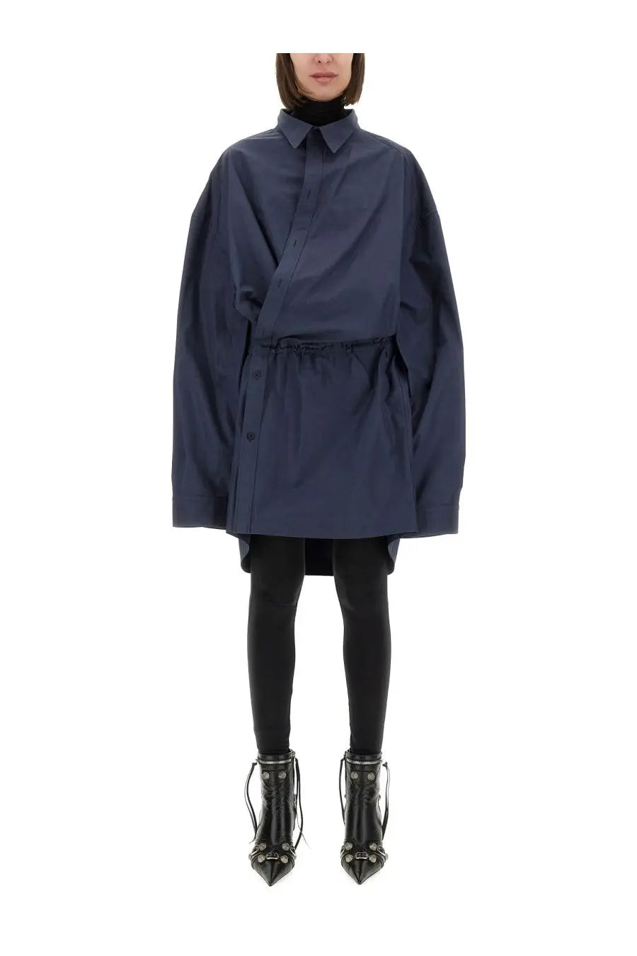 Balenciaga women’s mini navy blue oversized shirt dress with button-up front and drawstring waistband