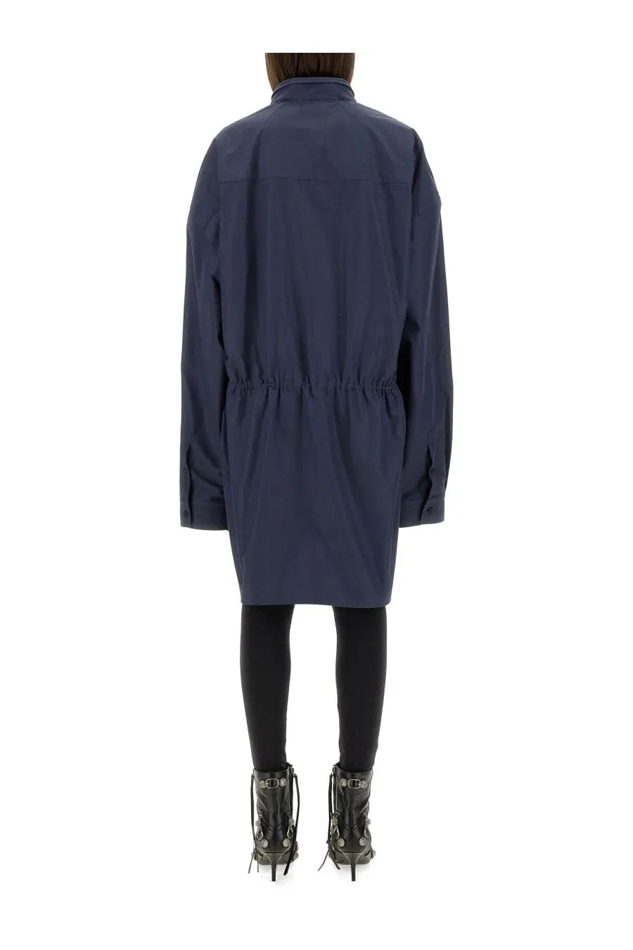 Balenciaga women’s mini shirt style dress in navy blue with oversized trench coat design and drawstring waist detail