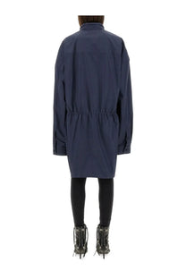 Balenciaga women’s mini shirt style dress in navy blue with oversized trench coat design and drawstring waist detail
