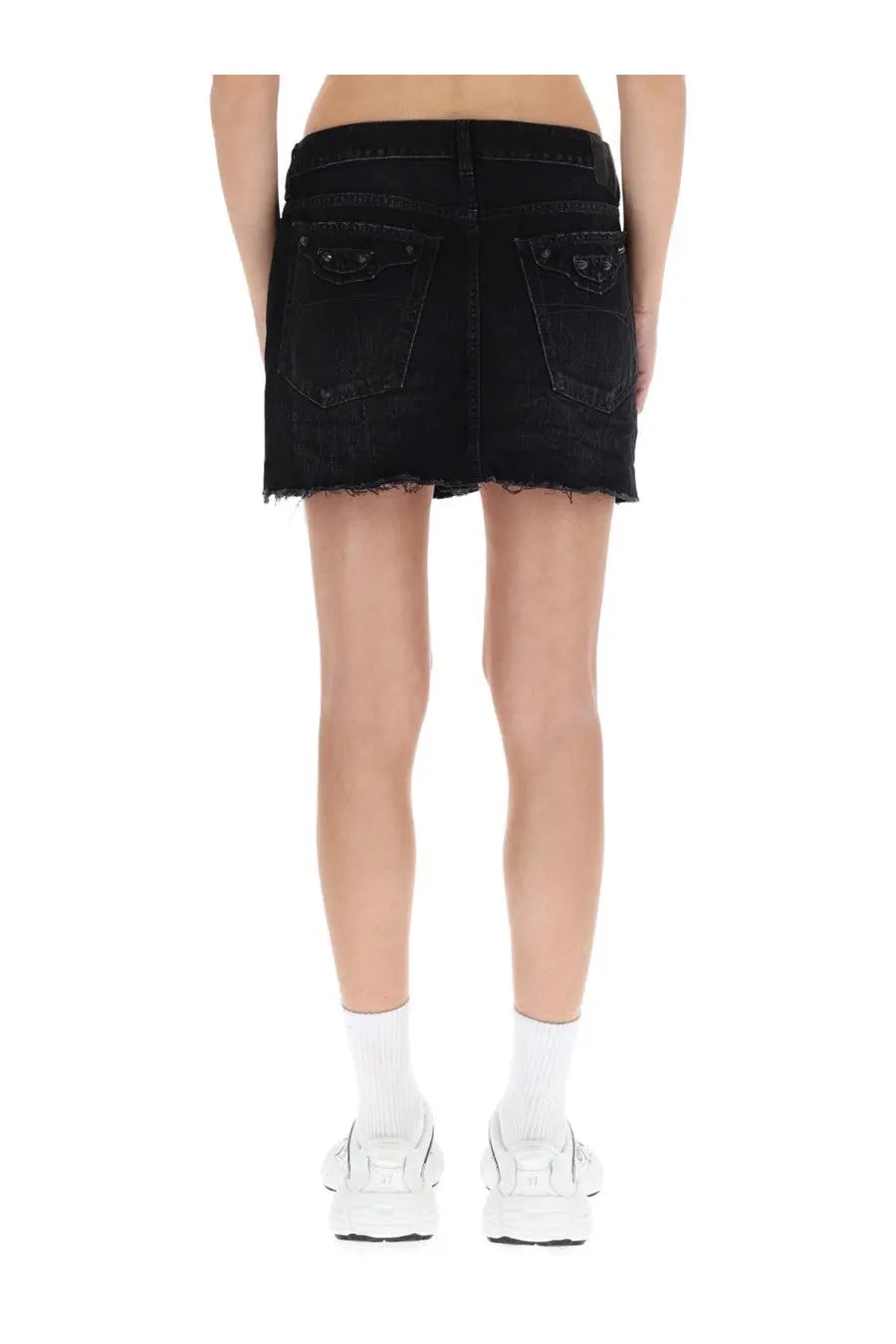 Balenciaga women’s black denim miniskirt with frayed hem and distressed pockets showing front side details