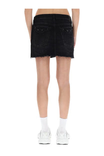 Balenciaga women’s black denim miniskirt with frayed hem and distressed pockets showing front side details