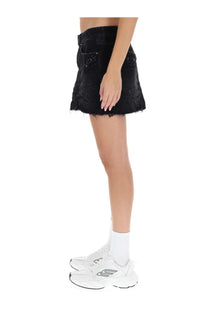 Balenciaga women’s city black denim mini skirt with distressed frayed hem and decorative button details
