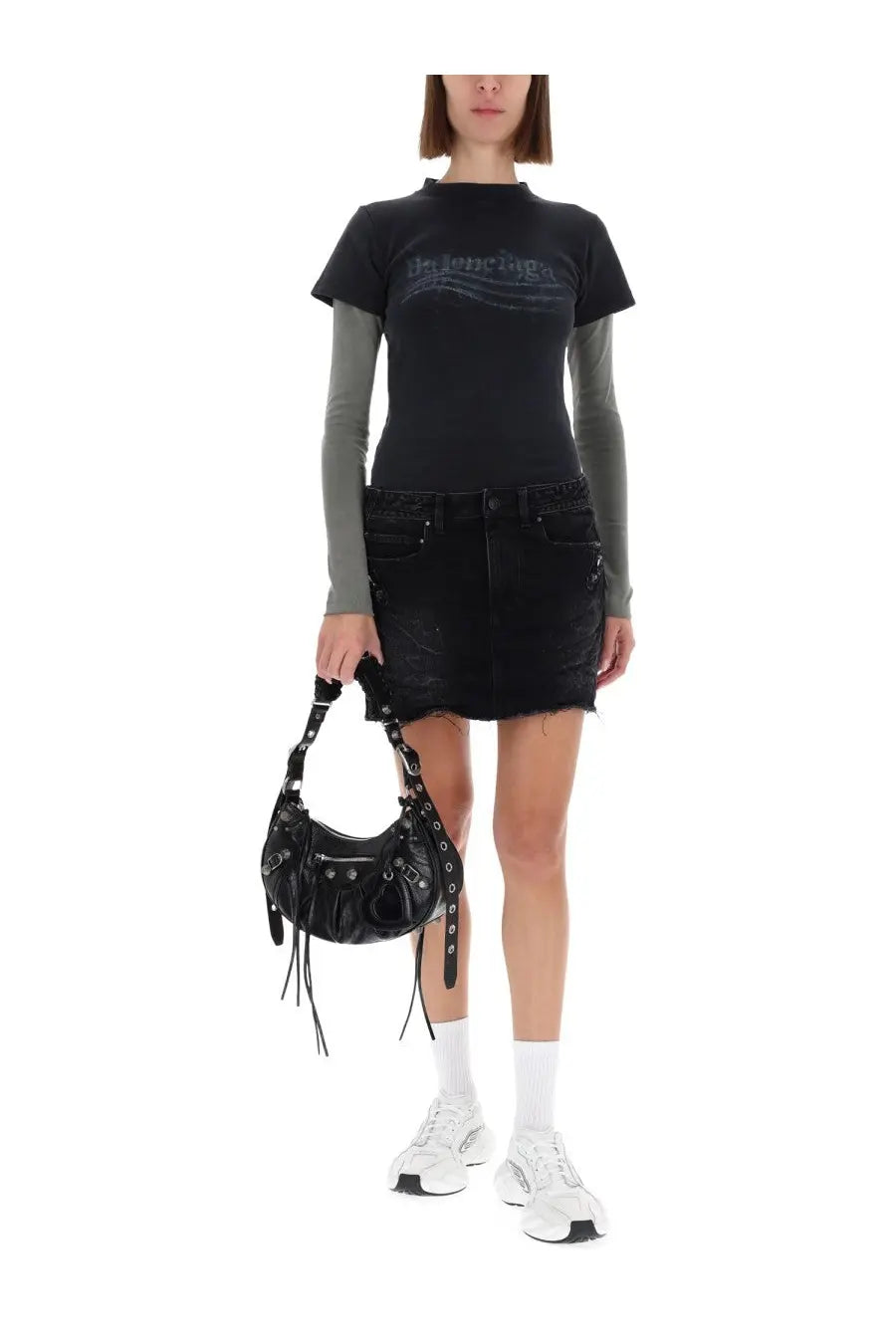Balenciaga womens miniskirt city black mini hobo bag in black leather with studded detailing and frayed straps