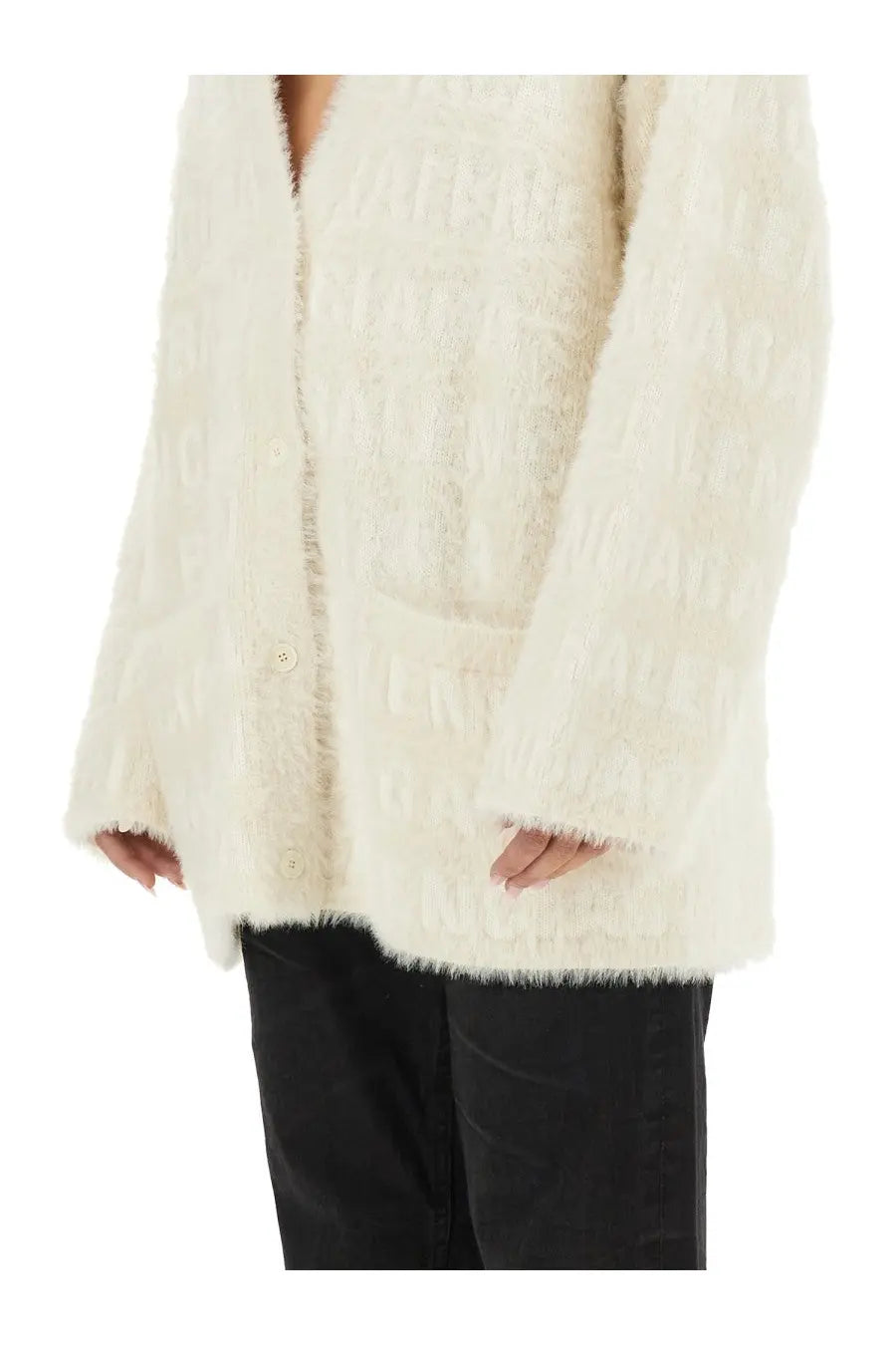 Balenciaga women’s cream-colored fluffy knit cardigan with textured pattern and button closure in white