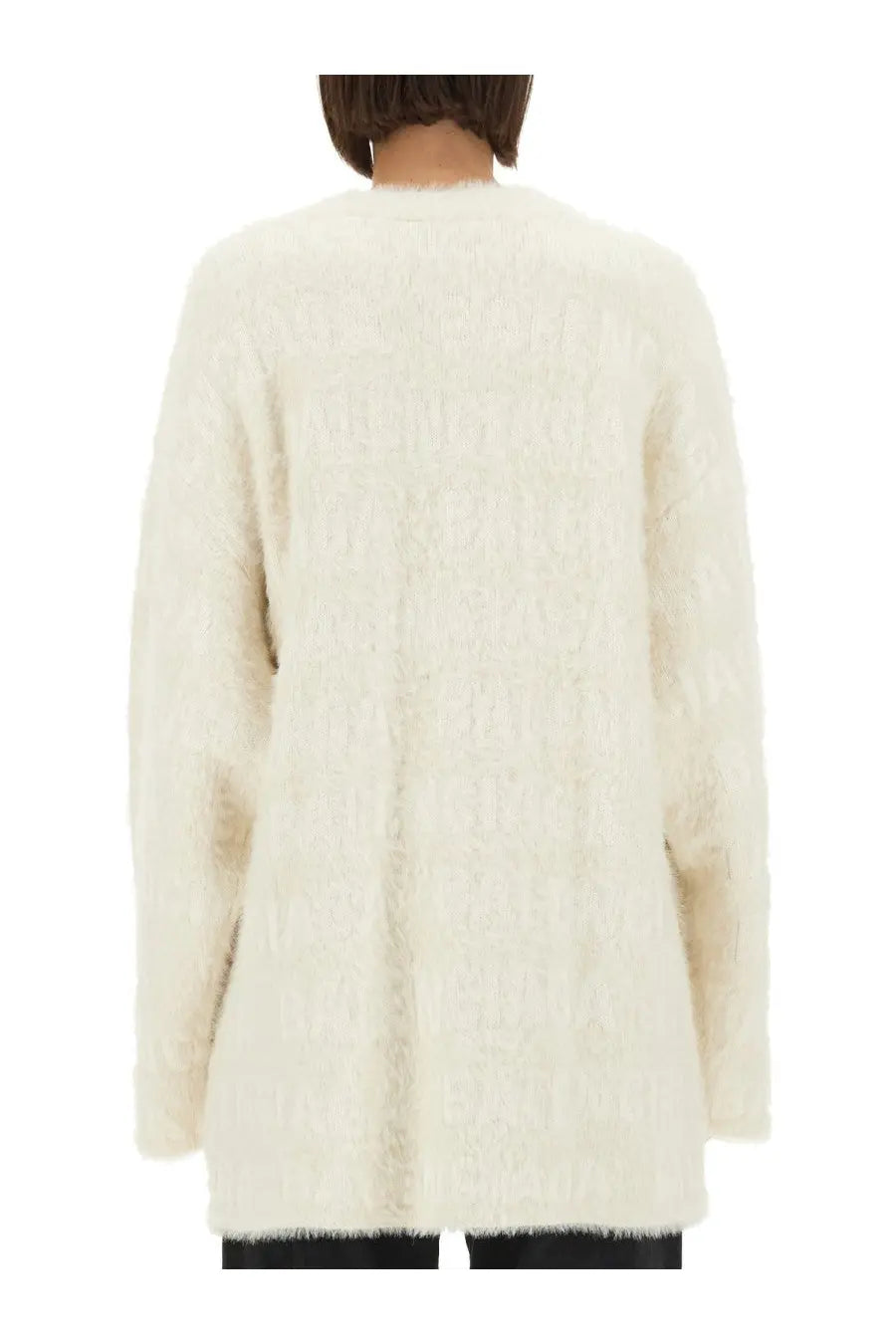 Balenciaga women’s cream-colored fluffy knit cardigan with long sleeves and a soft textured surface