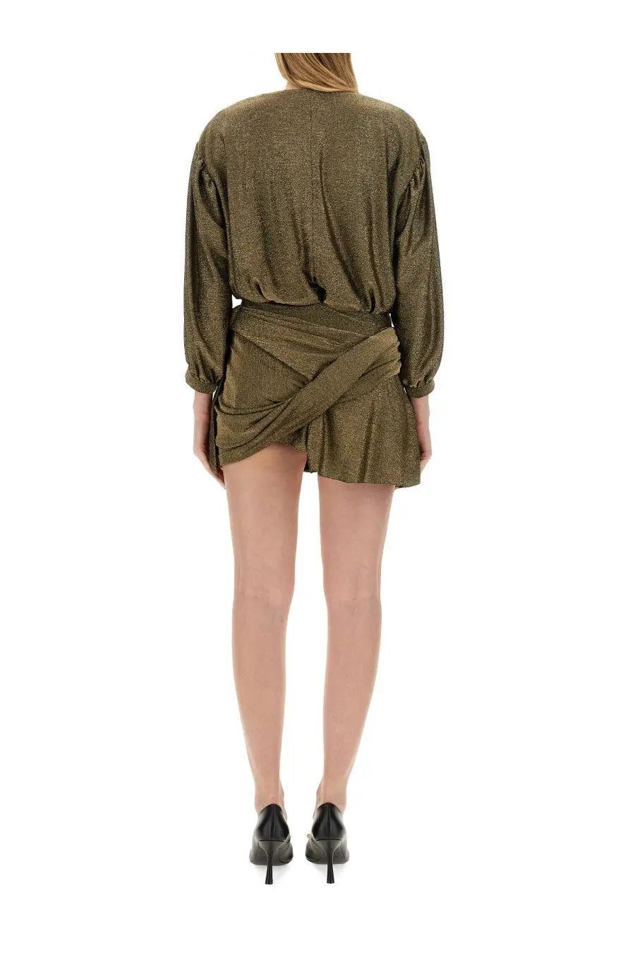 Olive green metallic long-sleeved mini dress with draped waistband by balenciaga women’s neck dress gold