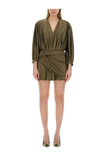 Balenciaga women’s olive green metallic short dress with draped waist and long sleeves in gold tone