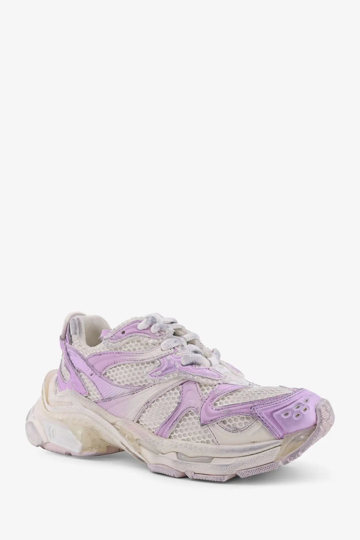 Balenciaga women’s grey nylon and mesh runner sneaker with lavender and off-white mesh and chunky translucent sole