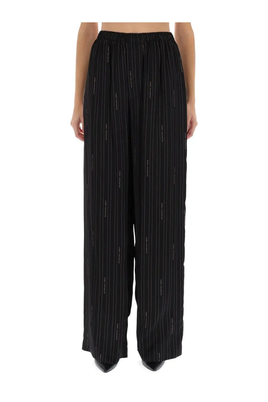 Balenciaga women’s black wide-leg pyjama pants with thin metallic vertical stripes and a relaxed fit