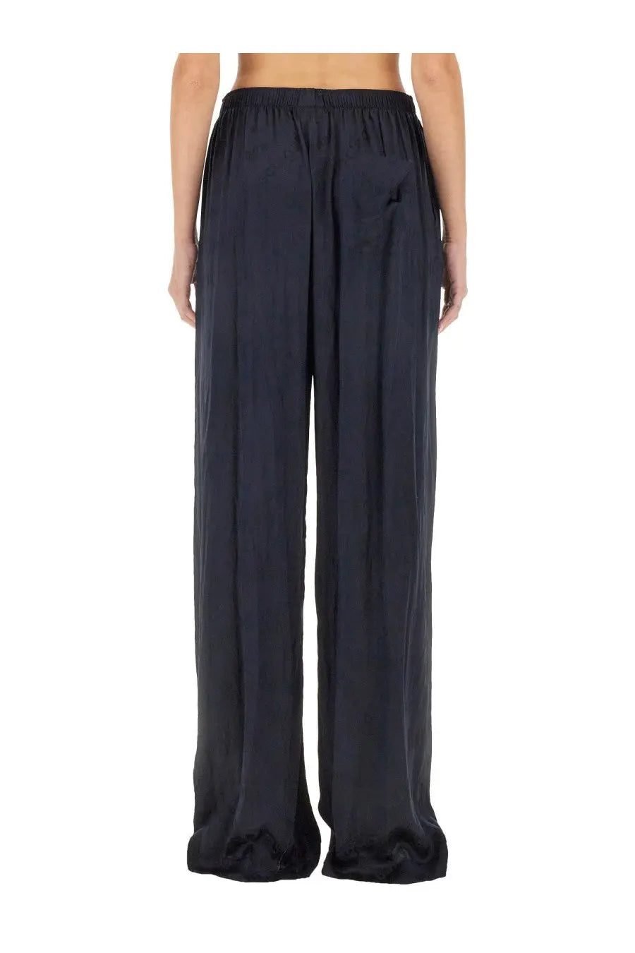 Balenciaga women’s pants pyjama blue featuring black satin wide-leg trousers with a relaxed fit and elastic waistband