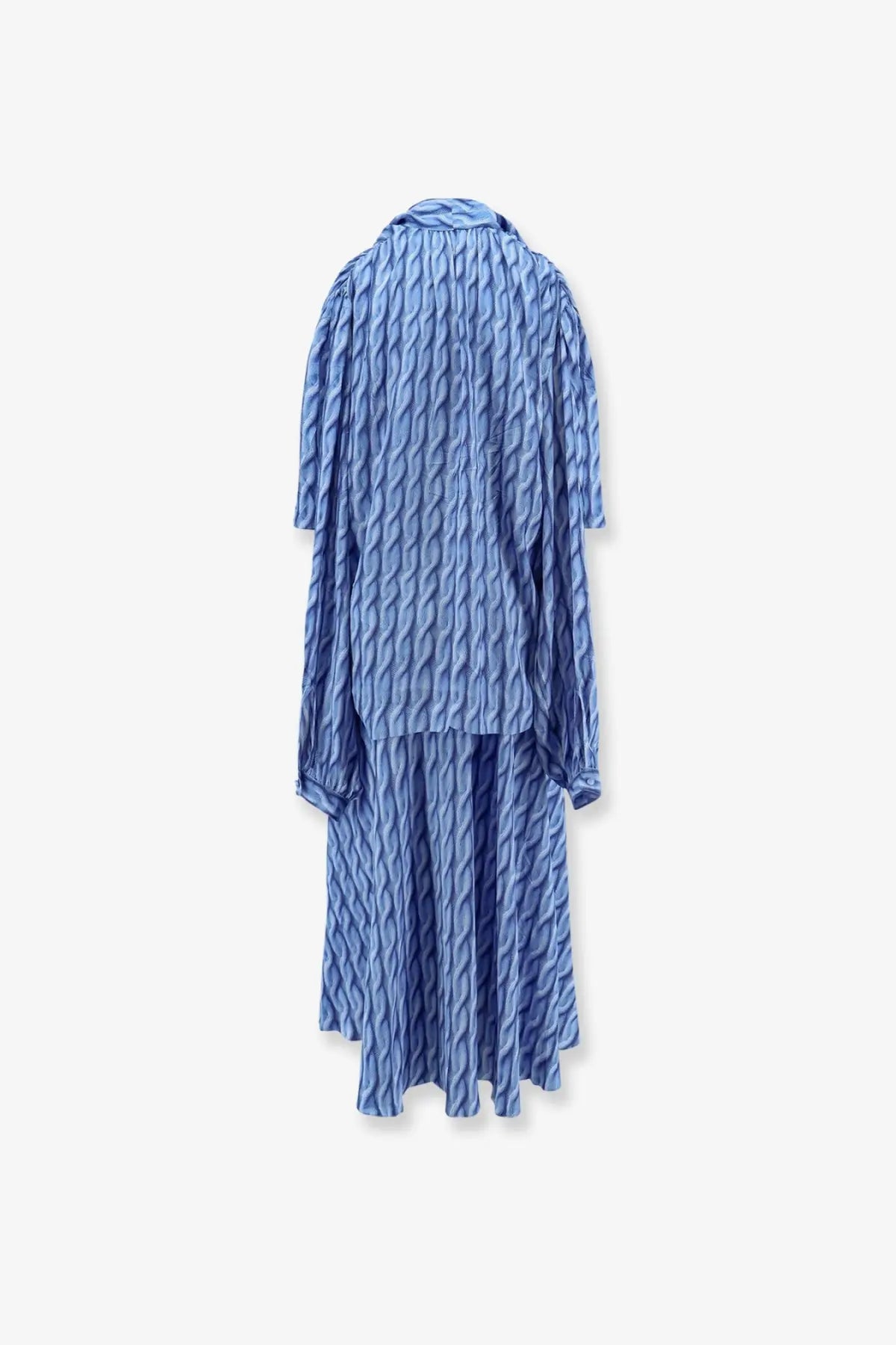Balenciaga women’s blue printed fabric long dress with textured wavy pattern and asymmetrical hemline