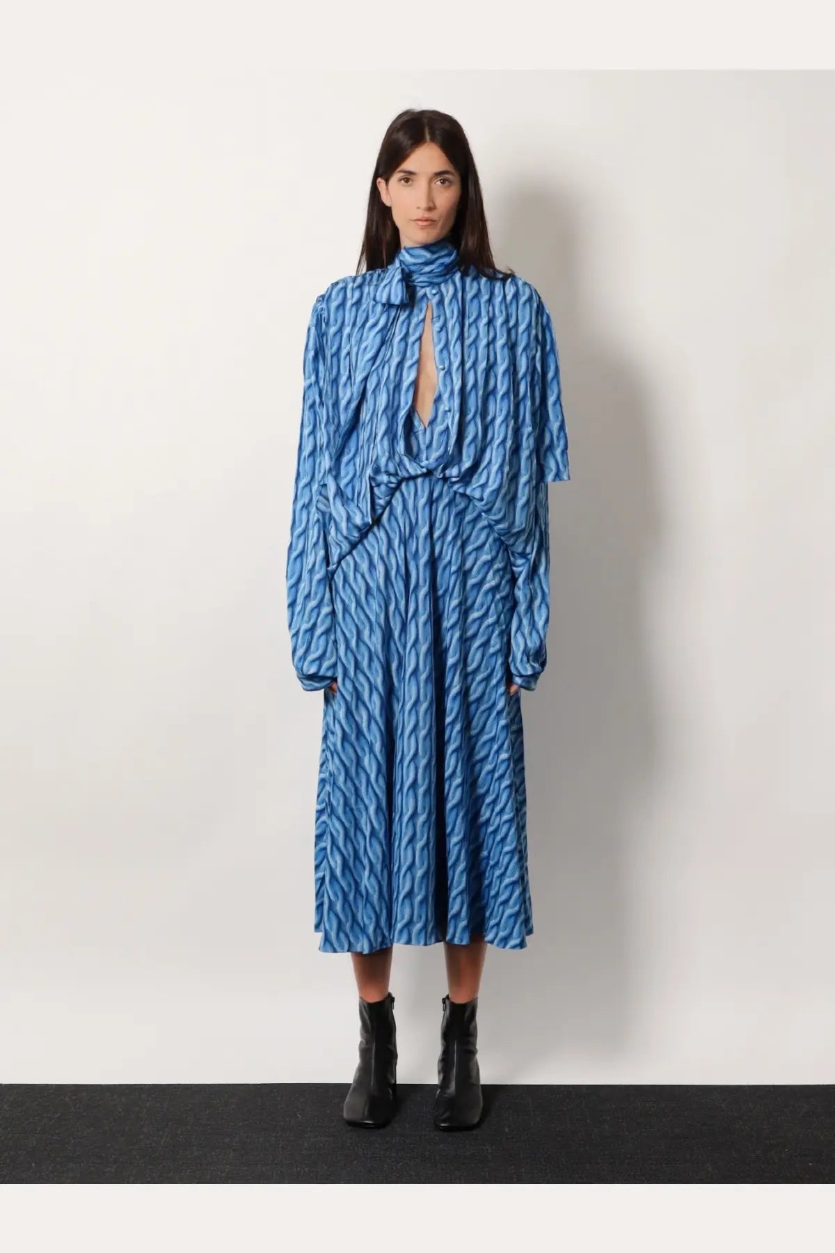 Balenciaga women’s printed fabric long blue dress with wavy pattern long sleeves and high neckline
