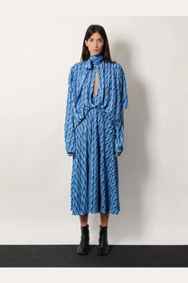 Balenciaga women’s printed fabric long blue dress with wavy pattern long sleeves and high neckline