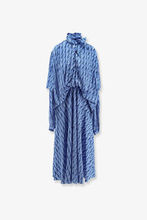 Balenciaga women’s printed fabric long dress in blue with a flowing wavy pattern and high neckline