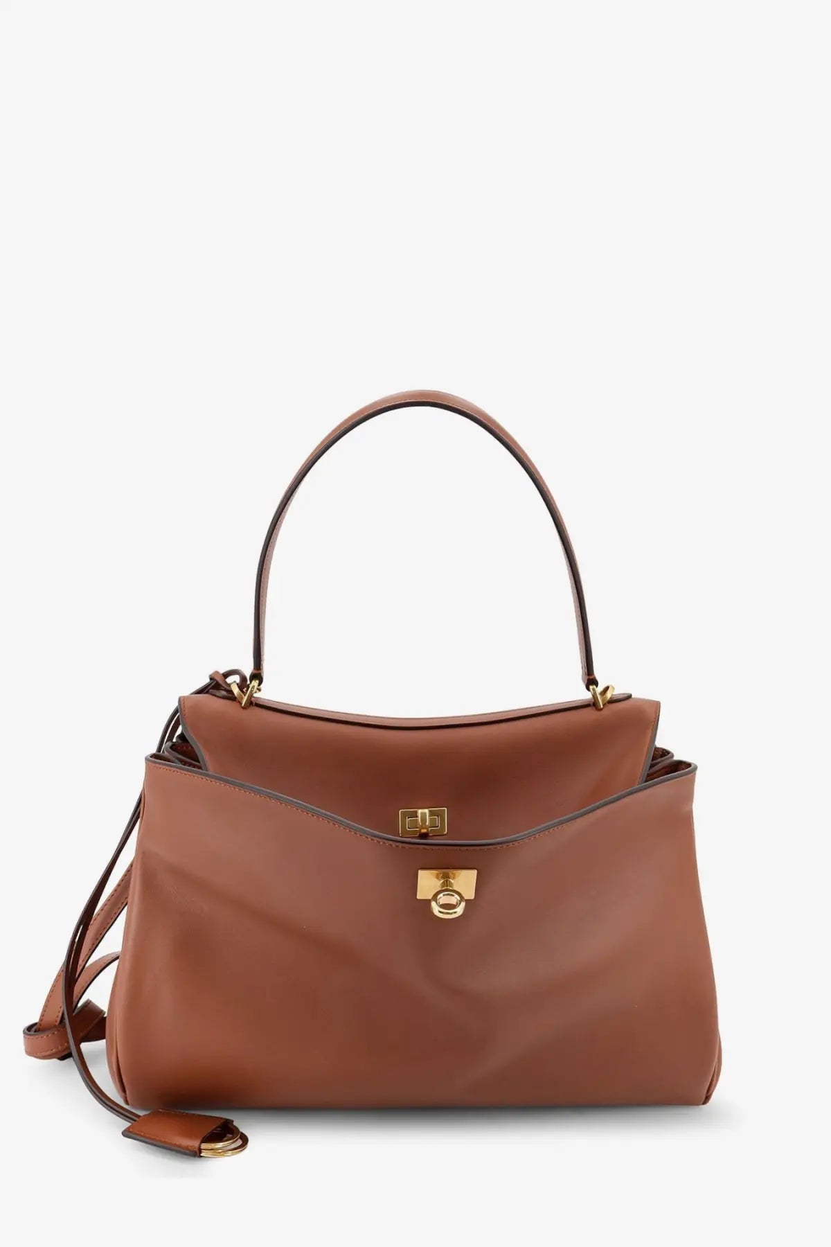 Balenciaga women’s rodeo beige leather crossbody bag with brown leather top handle and gold tone hardware