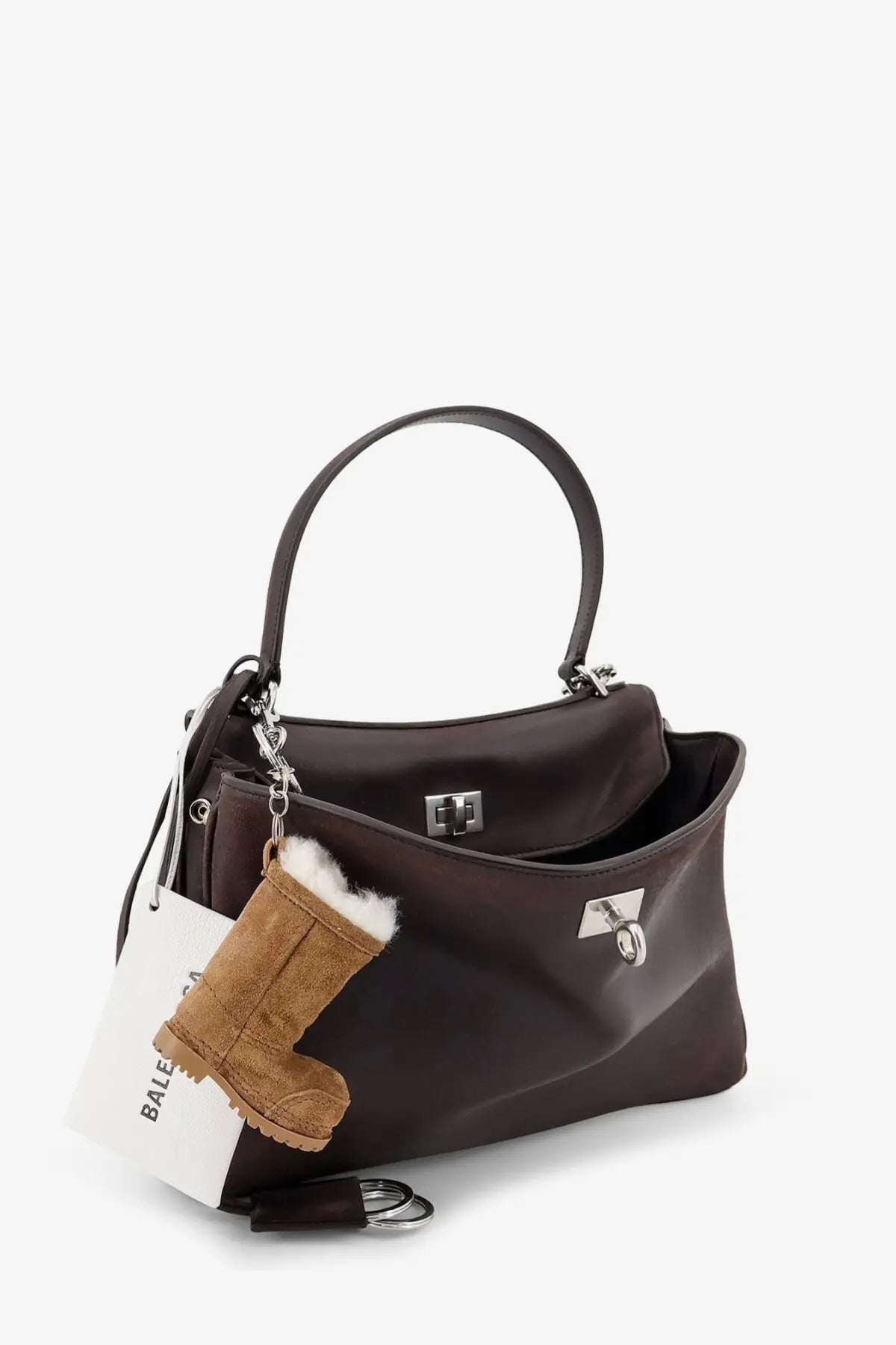 Balenciaga women’s rodeo leather crossbody bag brown with silver hardware and detachable strap featuring tan boot charm