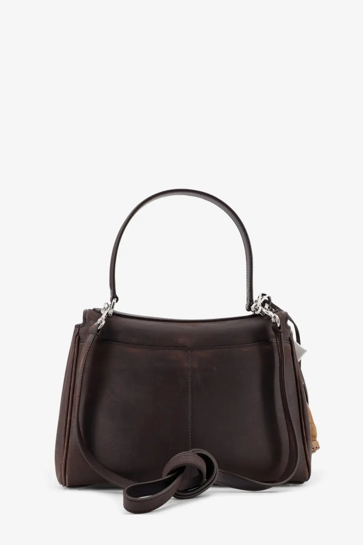 Balenciaga women’s rodeo dark brown leather handbag with curved top handle and detachable shoulder strap