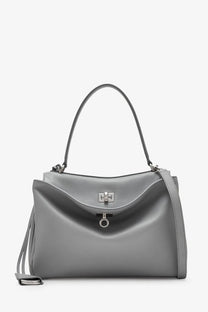 Balenciaga women’s rodeo grey leather crossbody bag with silver hardware and detachable shoulder strap visible from front