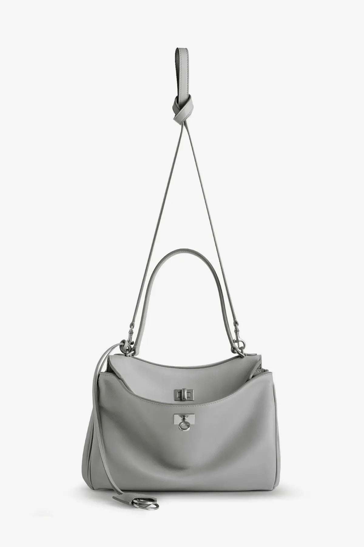 Balenciaga women’s rodeo leather crossbody bag in light gray with a sleek silhouette and silver-toned hardware accents