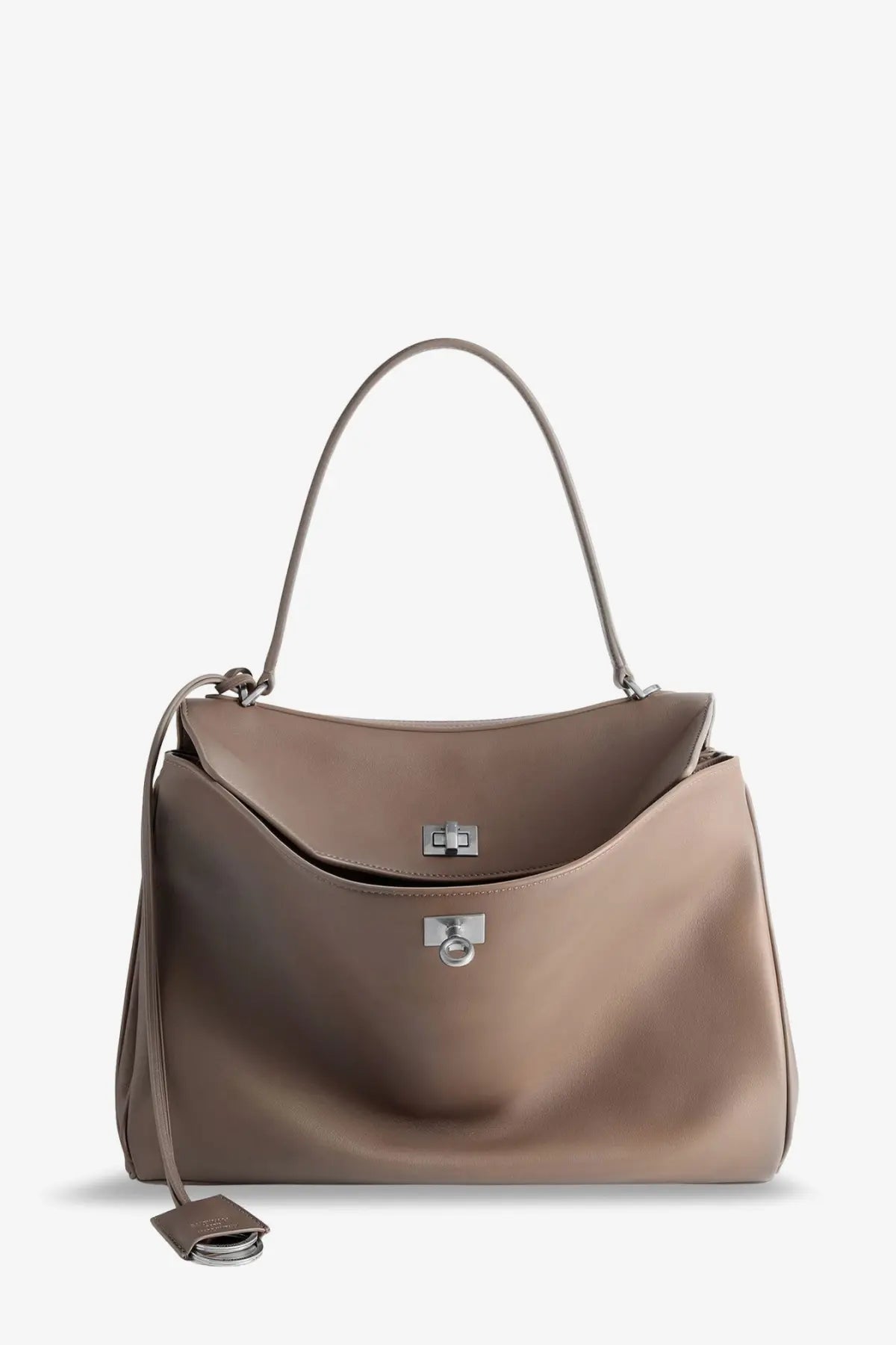 Balenciaga women’s rodeo medium beige leather crossbody bag with taupe leather and silver-toned hardware handle