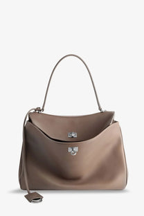 Balenciaga women’s rodeo medium beige leather crossbody bag with taupe leather and silver-toned hardware handle