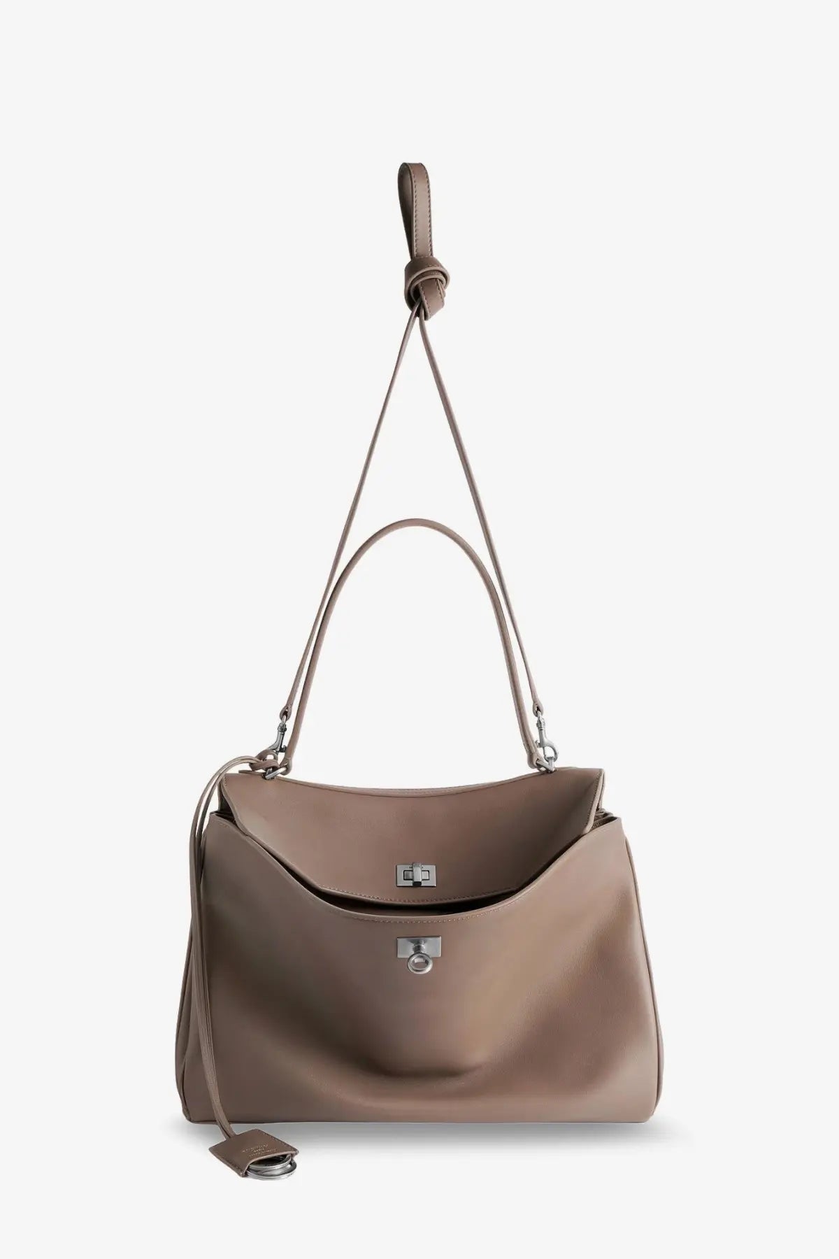 Balenciaga women’s rodeo medium beige leather crossbody bag with taupe leather and silver-toned hardware accents