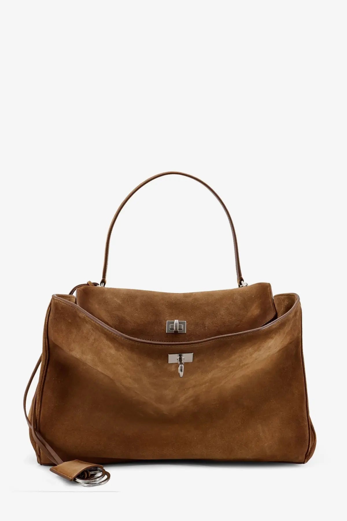 Balenciaga women’s rodeo beige suede shoulder bag with brown suede, silver tone clasp, and handle