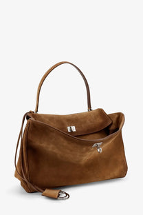 Balenciaga women’s rodeo beige suede shoulder bag with top handle, detachable strap, and silver-toned hardware