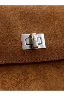 Balenciaga women’s rodeo suede shoulder bag beige with a sleek silver-toned rectangular clasp on brown suede surface