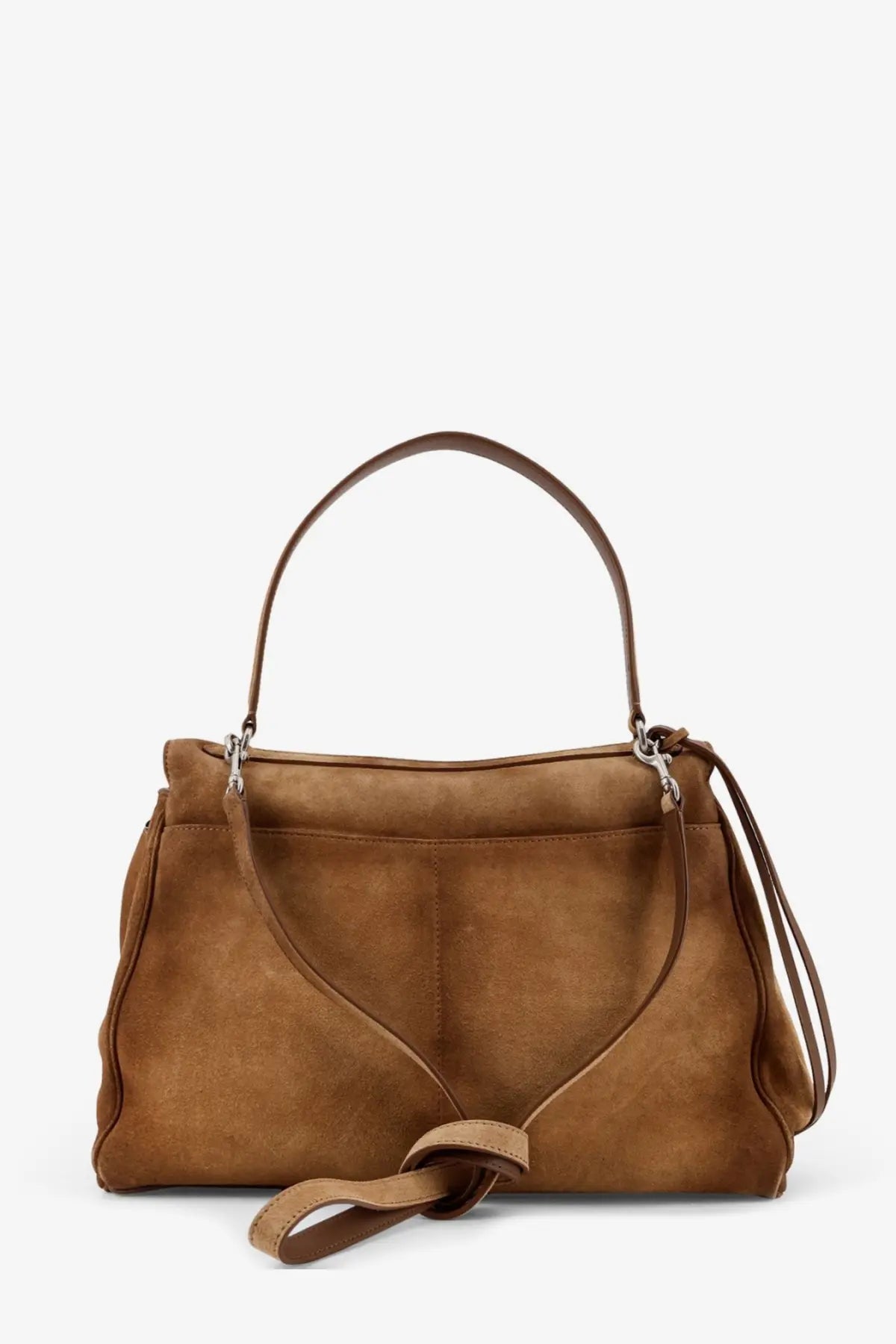 Balenciaga women’s rodeo suede shoulder bag beige tan suede with structured soft silhouette top handles and adjustable strap