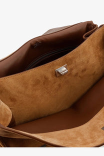 Balenciaga women’s rodeo tan suede shoulder bag with silver-toned clasp and brown leather lining