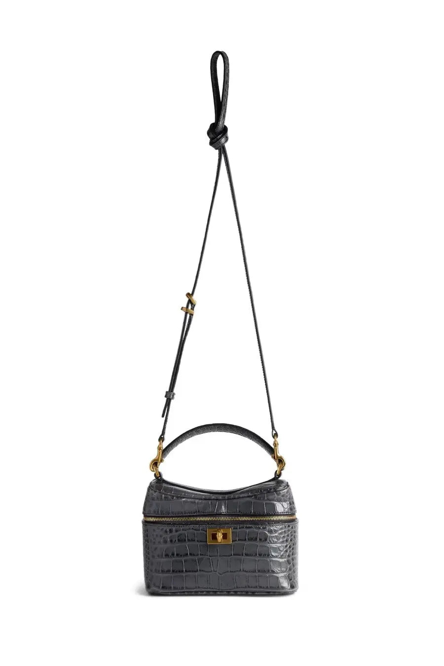 Balenciaga women’s rodeo vanity bag black dark gray crocodile-embossed leather mini crossbody with gold hardware and knotted strap