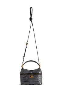 Balenciaga women’s rodeo vanity bag black dark gray crocodile-embossed leather mini crossbody with gold hardware and knotted strap