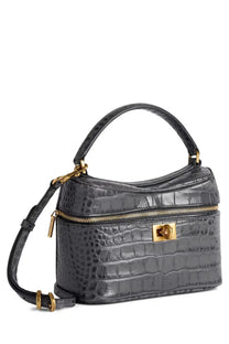 Balenciaga women’s rodeo vanity bag black in dark gray crocodile-embossed leather with gold-tone hardware and detachable strap