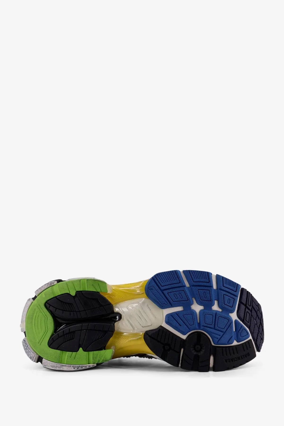 Balenciaga women’s runner low top mesh sneakers gold with vibrant green yellow and blue sole and black rubber traction