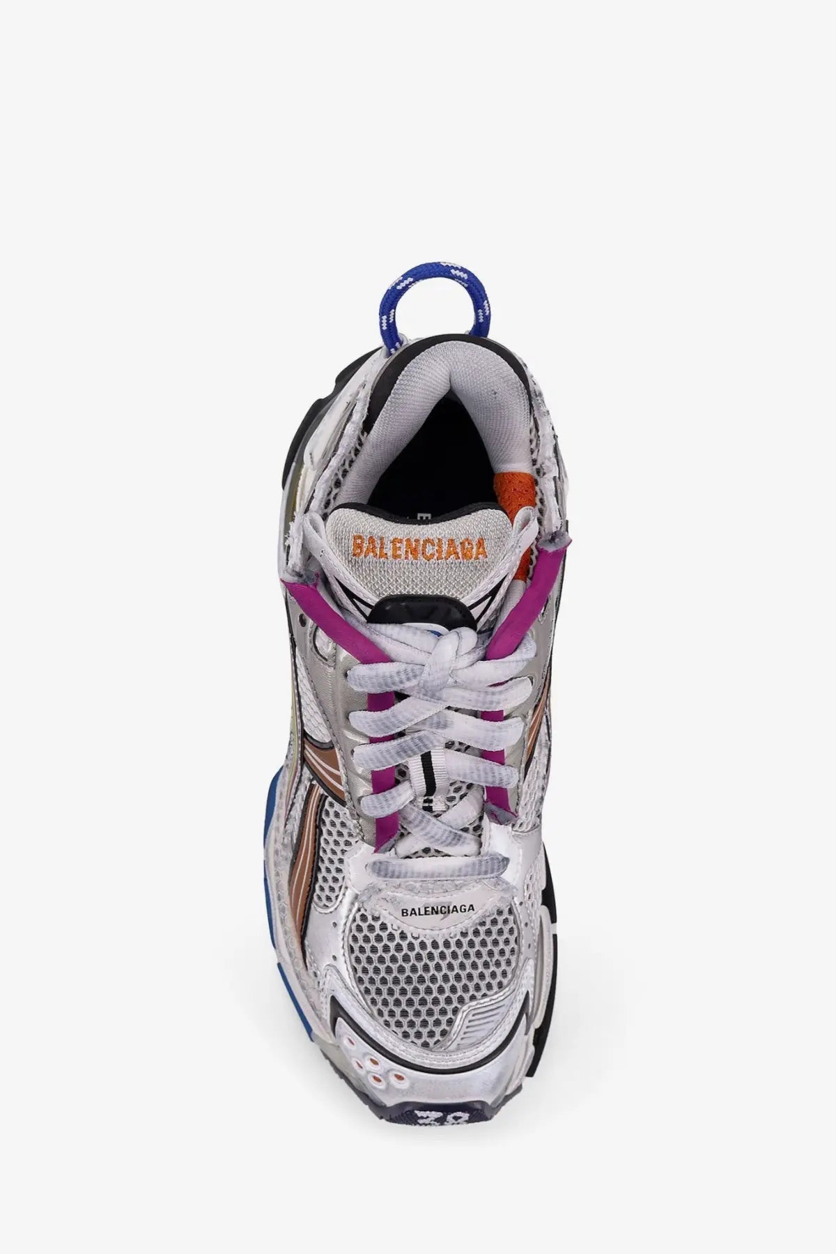Balenciaga women’s runner low top mesh sneakers in white and silver with purple laces and blue pull tab detailing