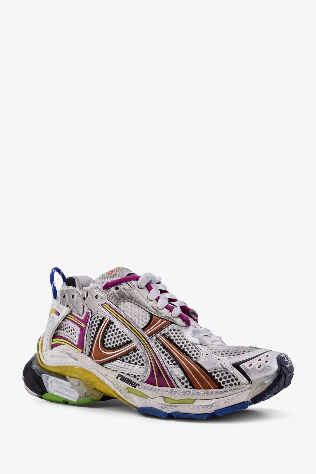 Balenciaga womens runner low top mesh sneakers in white silver purple with copper swoosh yellow midsole and blue outsole